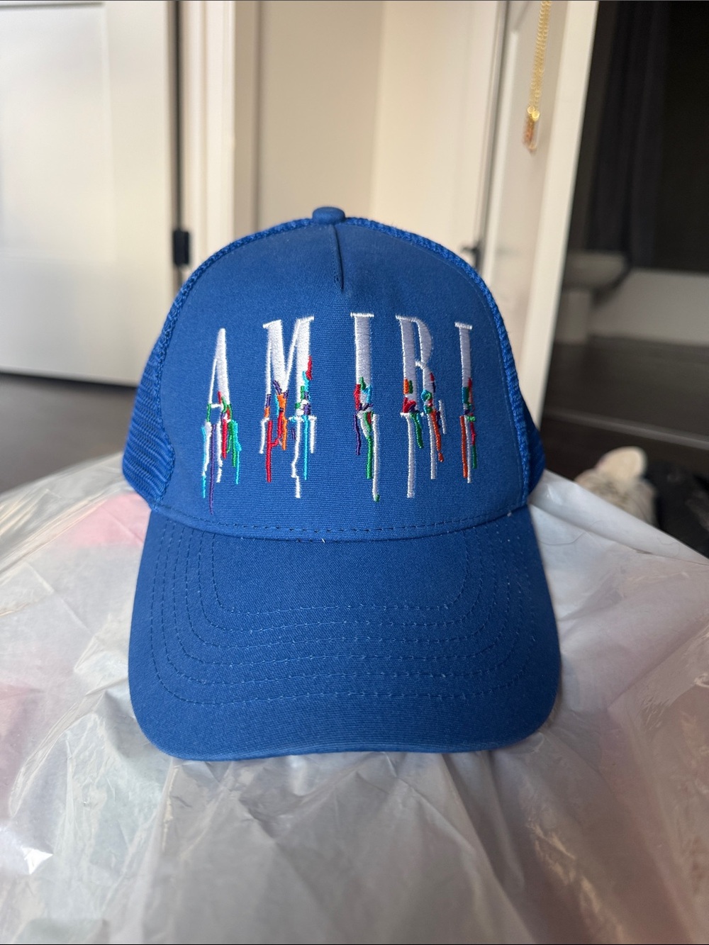 AMIRI Royal Blue Mesh Logo Cap with Multicolor Drip